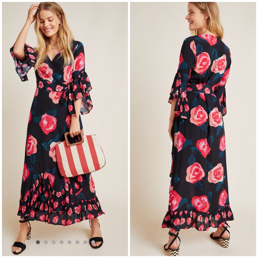 💋Anthropologie Veronica wrap Maxi Dress with Pink and Red Floral Pattern XSP